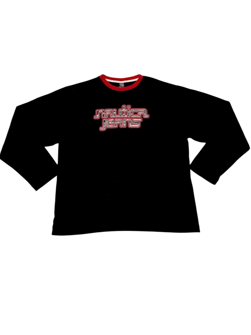 Nautica Jeans Vintage Black Long Sleeve Graphic T Shirt w/ Puff Embroidery Text